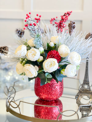 Christmas Artificial Flower Arrangement-Christmas Faux Centerpiece-Christmas Flowers- White Peonies Flower Centerpiece-Christmas Gift-Decor