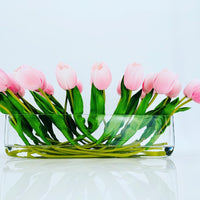 Modern Long REAL TOUCH Tulip Arrangement Artificial Faux Centerpiece Floral Flower Arrangement Silk Flowers Glass Vase French Decor Pink