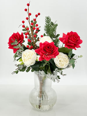 Christmas Artificial Flower Rose Arrangement-Christmas Faux Centerpiece-Christmas Flowers-Real Touch Flower Centerpiece-Christmas Gift-Decor