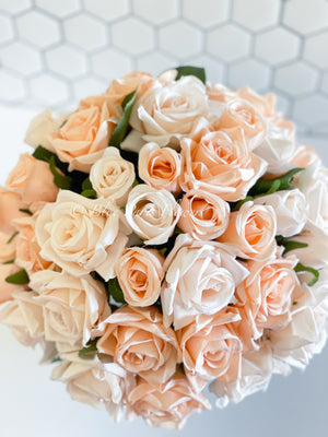 45 Cream & Peach Rose Arrangement Artificial Faux Silk Flowers in Glass Vase, Modern French Decor, Floral Centerpiece, Home Decor Gift Blue Paris