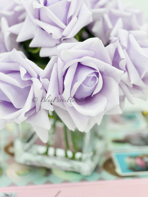 Real Touch Lavender Roses Arrangement in Vase, French Country Artificial Flowers Faux Floral Home Decor Realistic Arrangement Blue Paris