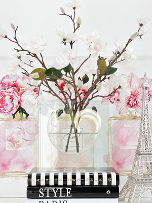 White Cherry Blossom Arrangement Silk Artificial Faux Centerpiece-Fake Flower Centerpiece-Home Decor Floral Gift Wedding Decor Blue Paris