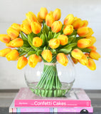 Large 50 Orange Tulips | Modern Faux Floral Arrangement Real Touch Artificial Centerpiece Faux Flowers in Glass Vase Faux Flowers in Vase