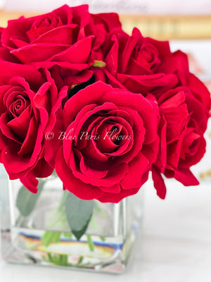 Red Velvet Roses Arrangement, Artificial Faux Centerpiece, Natural Touch Flowers in Glass Vase Home Decor, Floral Arrangement Blue Paris