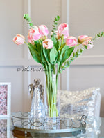28” Tall Pink Real Touch Tulips in Glass Vase, Home Decor Faux Flower Arrangement, French Country Style, Floral Decor Arrangement
