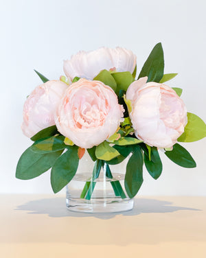 LT Pink Rose Peony Arrangement, Artificial Faux Table Centerpiece, Wedding Faux Florals Silk Flowers Arrangement in Glass Vase by Blue Paris