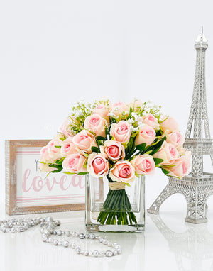 Light Pink 40 Roses Arrangement, Floral Flowers | Silk Artificial Faux Forever Flowers in Glass for Home Decor by Blue Paris Flowers
