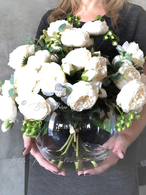 X-Large White Rose Peony Arrangement, Artificial Faux Centerpiece, Silk Flowers in Glass Vase for Home Decor