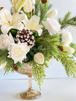 Winter French Elegant Real Touch Artificial Flower Arrangement-Christmas Faux Centerpiece-Flowers- White Roses Flower Centerpiece Gift-Decor