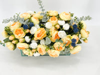Modern Yellow White Rose Peony Arrangement, Artificial Faux Centerpiece Silk Flowers Floral Centerpiece French Decor in Glass Vase for Home
