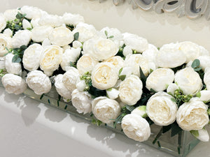 Modern Long White Rose Peony Arrangement, Artificial Faux Centerpiece Floral Flower Arrangement, Silk Flowers Glass Vase Home Decor