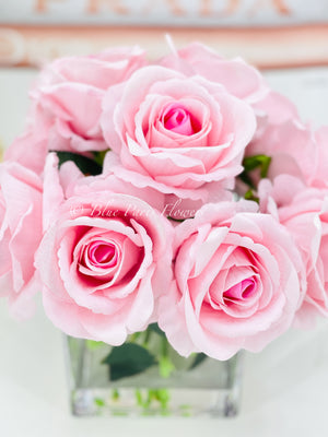 Pink Velvet Roses Arrangement, Artificial Faux Centerpiece, Natural Touch Flowers in Glass Vase Home Decor, Floral Arrangement Blue Paris