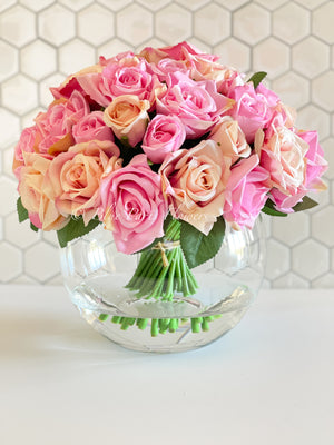 45 Pink & Peach Rose Arrangement Artificial Faux Silk Flowers in Glass Vase, Modern French Decor, Floral Centerpiece, Home Decor Gift
