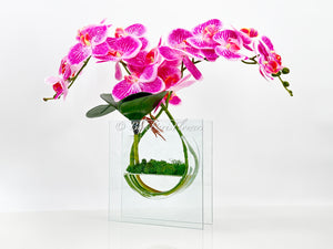 Modern Magenta Pink 2 Stems Phalaenopsis Orchid Arrangement, Real Touch Flower in Vase | Table Centerpiece | Floral Decor Flower Arrangement