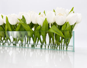 Modern Long White REAL TOUCH Tulip Arrangement Artificial Faux Centerpiece Floral Flower Arrangement Faux Flowers Glass Vase French Decor