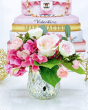 Floral Arrangement in Vase, Pink Roses, Hydrangeas French Country Artificial Flowers Faux Home Decor Realistic Floral Arrangement Blue Paris