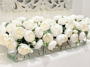 Modern Long White Rose Peony Arrangement, Artificial Faux Centerpiece Floral Flower Arrangement, Silk Flowers Glass Vase Home Decor