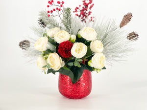 Christmas Artificial Flower Arrangement-Christmas Faux Centerpiece-Christmas Flowers- White Peonies Flower Centerpiece-Christmas Gift-Decor
