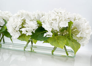 Modern Long REAL TOUCH Hydrangeas Arrangement Artificial Faux Centerpiece Floral Flower Arrangement Silk Flowers Glass Vase French Decor