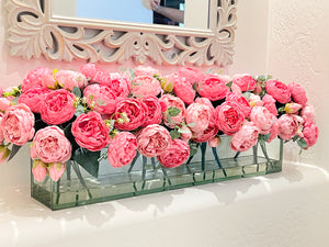 Modern Long Pink Rose Peony Arrangement Artificial Faux Centerpiece Floral Flower Arrangement Silk Flowers Glass Vase French Decor