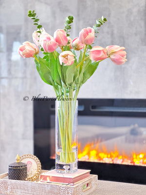 28” Tall Pink Real Touch Tulips in Glass Vase, Home Decor Faux Flower Arrangement, French Country Style, Floral Decor Arrangement