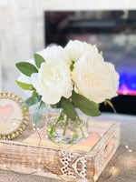 White Peonies Arrangement Artificial Faux Table Centerpiece, Wedding Faux Florals, Rose Silk Flowers Arrangement in Glass Vase by Blue Paris