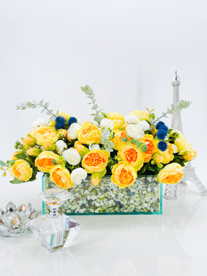 Modern Yellow White Rose Peony Arrangement, Artificial Faux Centerpiece Silk Flowers Floral Centerpiece French Decor in Glass Vase for Home