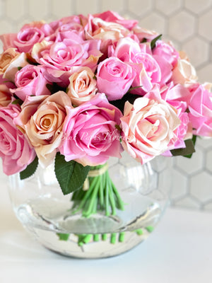 45 Pink & Peach Rose Arrangement Artificial Faux Silk Flowers in Glass Vase, Modern French Decor, Floral Centerpiece, Home Decor Gift