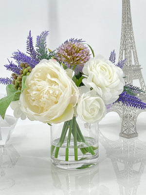 Arrangement in Vase, Peonies, Lavender, French Country Artificial Flowers Faux Home Decor Realistic Floral Arrangement Blue Paris