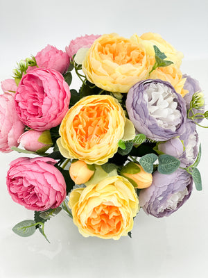Pink/Purple/Yellow Rose Peony Arrangement, Artificial Faux Centerpiece, Faux Florals, Silk Flowers in Glass Vase, Mother’s Day by Blue Paris