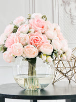 Large Light Pink Rose Peony, Real Touch Roses, French Co Arrangement, Artificial Faux Centerpiece, Silk Flowers in Glass Vase for Home Decor