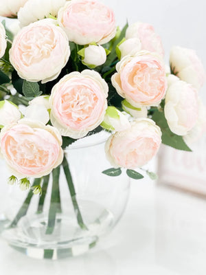 X-Large Light Pink Rose Peony Arrangement, Artificial Faux Centerpiece, Silk Flowers in Glass Vase for Home Decor