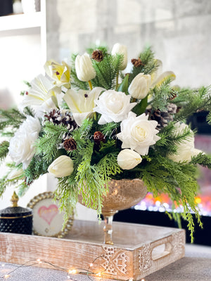 Winter French Elegant Real Touch Artificial Flower Arrangement-Christmas Faux Centerpiece-Flowers- White Roses Flower Centerpiece Gift-Decor