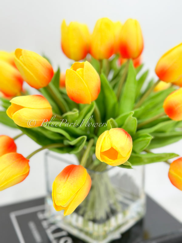 Orange Tulips 25 Floral | Modern Arrangement | Real Touch | Artificial Faux Forever Fake Flowers in Glass Vase for Home Decor Blue Paris