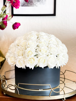 60 Real Touch White Roses Arrangement in Black Vase, French Country Artificial Flowers, Floral Centerpiece, Realistic Faux Floral Home Decor