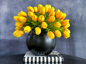 Large 50 Orange Tulips | Modern Faux Floral Arrangement Real Touch Artificial Centerpiece Faux Flowers in Glass Vase Faux Flowers in Vase