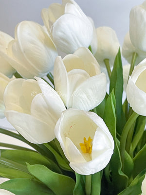 Large 40 White Tulips Modern Faux French Floral Arrangement | Real Touch Artificial Faux Forever Flowers in Glass Vase, Faux Flowers, Vase