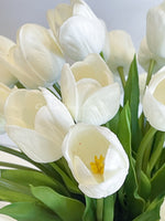 Large 50 White Tulips Modern Faux French Floral Arrangement | Real Touch Artificial Faux Forever Flowers in Glass Vase, Faux Flowers, Vase