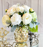 Floral Arrangement, REAL TOUCH White Peonies, Rose, Hydrangeas, Artificial Flower Centerpiece Faux Real French Arrangement Glass Vase Flower