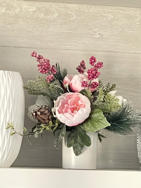 Pink Christmas Centerpiece-elegant Christmas Floral Arrangement-french  Country Christmas Home Decor-holiday Pink Peony Floral-red Plaid Pail 