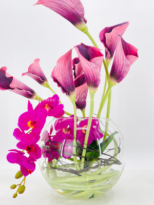 Magenta Pink Calla Lilies Phalaenopsis Orchid Arrangement, Real Touch Flower in Glass Vase | Table Centerpiece Floral French Decor Flower
