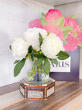 White Peonies Arrangement Artificial Faux Table Centerpiece, Wedding Faux Florals, Rose Silk Flowers Arrangement in Glass Vase by Blue Paris