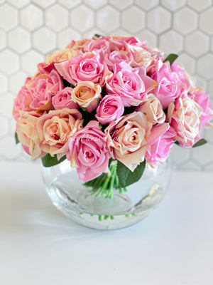 45 Pink & Peach Rose Arrangement Artificial Faux Silk Flowers in Glass Vase, Modern French Decor, Floral Centerpiece, Home Decor Gift