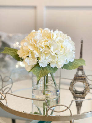 Off-White Hydrangeas in Glass Vase, Artificial Faux Flower Arrangement, Silk Flower Centerpiece, Floral Arrangement Decor, Gift