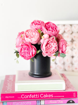 Pink Rose Peony Arrangement, Artificial Faux Table Centerpiece, Faux Florals, Silk Flowers Arrangement in Black Glass Vase by Blue Paris