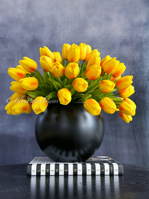 Large 50 Orange Tulips | Modern Faux Floral Arrangement Real Touch Artificial Centerpiece Faux Flowers in Glass Vase Faux Flowers in Vase