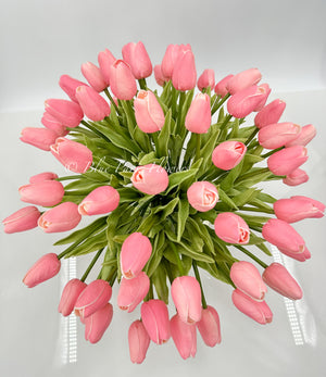 X-Large 60 Pink Tulips, French Modern Faux Floral Arrangement, Real Touch Artificial Faux Forever Flowers in Glass Vase, Fake, Wedding Decor