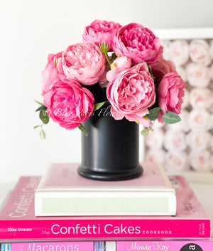 Pink Rose Peony Arrangement, Artificial Faux Table Centerpiece, Faux Florals, Silk Flowers Arrangement in Black Glass Vase by Blue Paris