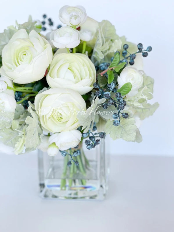 Floral Arrangement, Pale Green White Ranunculus, Blueberries, Silk Artificial Flower Centerpiece, Faux Silk Arrangement Glass Vase, Flower
