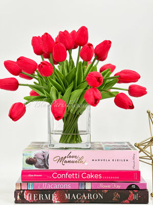 Red Tulips 25 Floral | Modern Arrangement | Real Touch | Artificial Faux Forever Fake Flowers in Glass Vase for Home Decor Blue Paris
